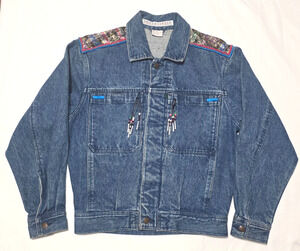 Vintage Smith & Hawken Denim Jacket XS Boho Beaded Plaid Yoke Cotton Distressed